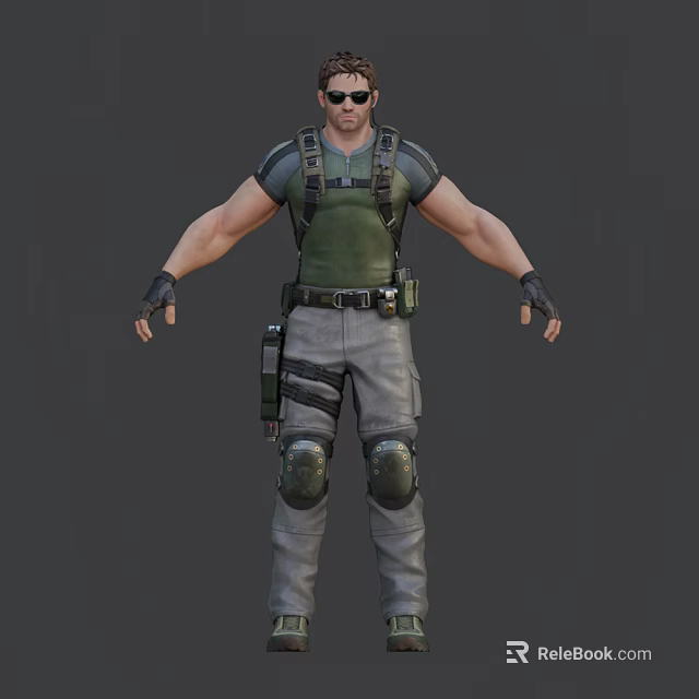A Man Wearing Tactical Green Vest Grey Pants Knee Pads Gloves And Sunglasses 3d model 