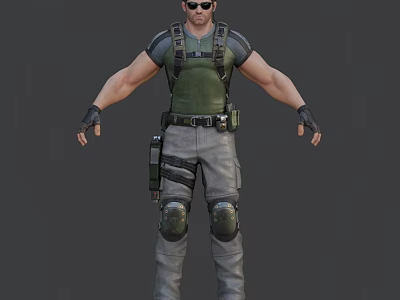 A Man Wearing Tactical Green Vest Grey Pants Knee Pads Gloves And Sunglasses 3d model