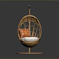 Handwoven Rattan Hanging Chair With Egg Shaped Design White Cushion And Decorative Pillow