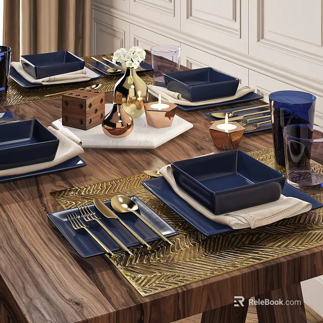 Blue Ceramic Square Bowl And Plate Dinnerware Set With Gold Flatware Placemats On Dining Table 3d model 