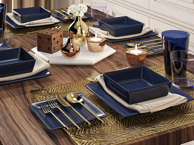 Blue Ceramic Square Bowl And Plate Dinnerware Set With Gold Flatware Placemats On Dining Table 3d model