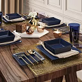 Blue Ceramic Square Bowl And Plate Dinnerware Set With Gold Flatware Placemats On Dining Table 3d model
