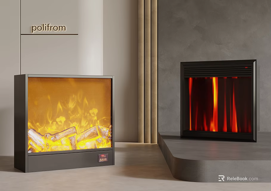 Modern Home Interior With Stylish Fireplaces Featuring Realistic Yellow Flame Wood Logs And Red Fire 3d model 