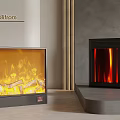 Modern Home Interior With Stylish Fireplaces Featuring Realistic Yellow Flame Wood Logs And Red Fire