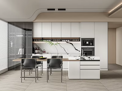 Modern Restaurant Open Kitchen Design With White Cabinets Marble Island Appliances And Dining Chairs 3d model