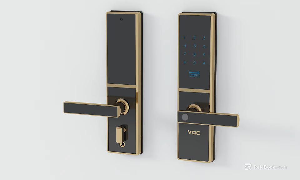 Modern Smart Door Handle In Black With Golden Frame And Digital Keypad 3d model 