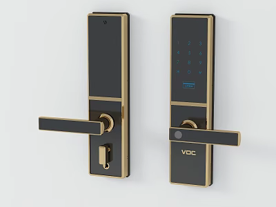 Modern Smart Door Handle In Black With Golden Frame And Digital Keypad 3d model