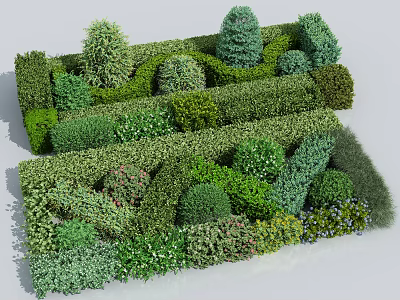 Diverse Shaped Shrubs In Garden Landscape With Trimmed Greenery And Varieties 3d model