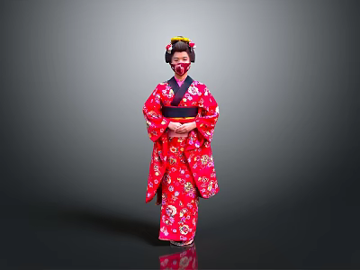 Woman in Red Kimono with Floral Patterns and Traditional Hair Ornament 3d model