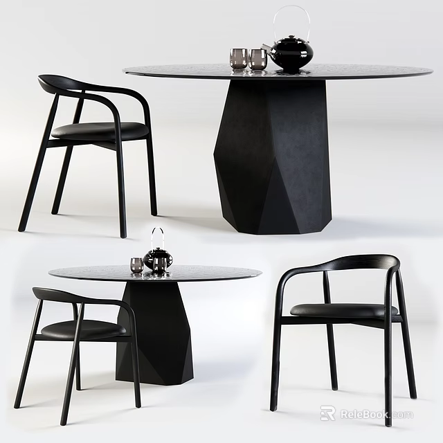 Modern Minimalist Black Table and Chair Set with Round Top Geometric Base Armchairs 3d model 