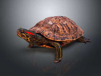 Detailed Close Up of Vibrant Turtle with Patterned Shell and Red Striped Head 3d model
