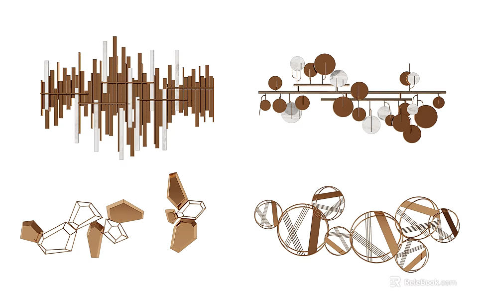 Modern Geometric Wall Decor With Wooden Strips And Circular Metal Elements 3d model 