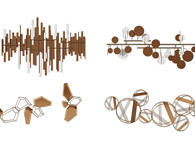 Modern Geometric Wall Decor With Wooden Strips And Circular Metal Elements 3d model