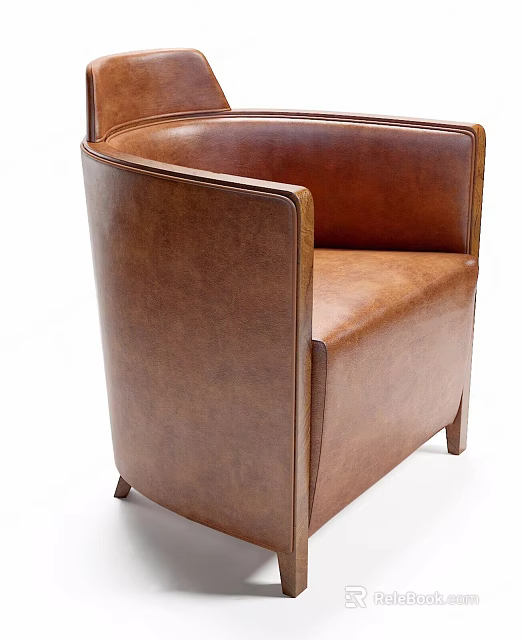 Elegant Brown Leather Single Sofa With Curved Armrests And Vintage Style 3d model 
