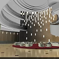 Modern Hotel Lobby Interior With Hanging Lighting Warm Wooden Panels Red Carpet And White Sofas