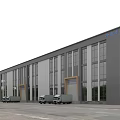 Modern Industrial Factory Exterior Design With Large Glass Windows Delivery Trucks And Spacious Yard