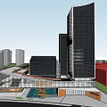 Contemporary Office Complex With Glass Curtain Walls And Urban Street Pedestrians At Dusk