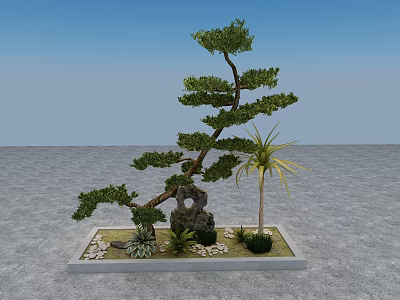 Unique Shaped Arbor With Decorative Rock And Small Plants In Miniature Landscape 3d model