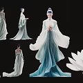 Multiple Women in Elegant Light Blue and White Flowing Dresses with Lotus Elements