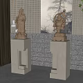 Traditional Carved Stone Sculptures Displayed on White Pedestals for Indoor Decor