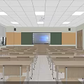 School Classroom Interior With Desks Chairs Blackboard Projection Screen And Lighting 3d model