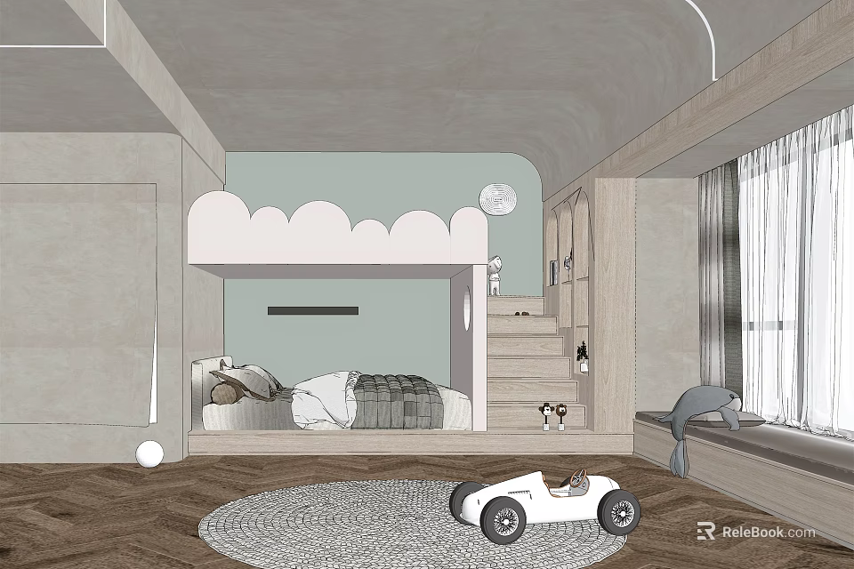 Kids Room Interior Design With Cloud Shaped Headboard Staircase Round Rug And Toy Car 3d model 