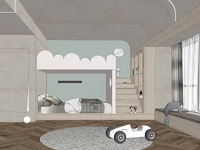Kids Room Interior Design With Cloud Shaped Headboard Staircase Round Rug And Toy Car 3d model