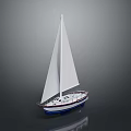 Sailboat With White Sail And White Hull Red Blue Decorations On Grey Background With Reflection