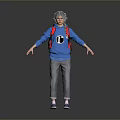 Woman wearing blue hoodie with headphone graphic red backpack gray pants purple shoes gray background