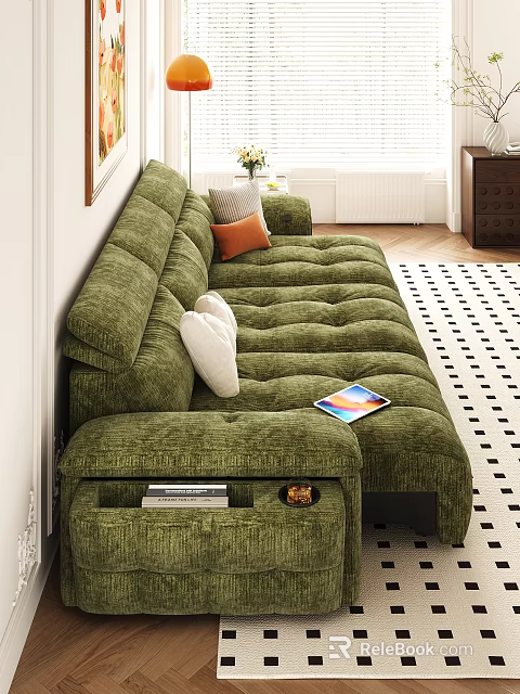 Green Velvet Sectional Sofa With White Orange Cushions Tray Magazines Tablet In Living Room 3d model 