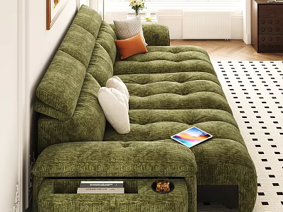 Green Velvet Sectional Sofa With White Orange Cushions Tray Magazines Tablet In Living Room 3d model
