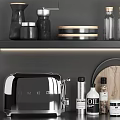 Modern Kitchenware Display On Shelves Including Glassware Bottles Plates Grinder Kettle And Toaster