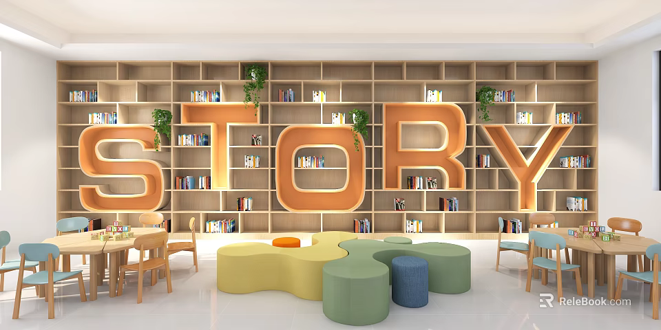 Wooden Bookshelves in Kids Reading Area with Large Story Letters Green Plants and Colorful Seating 3d model 