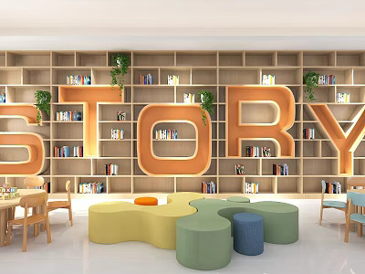Wooden Bookshelves in Kids Reading Area with Large Story Letters Green Plants and Colorful Seating 3d model