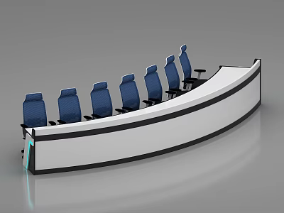 Curved Office Desk With White Surface Black Frame And Blue Chairs For Professional Workspace 3d model