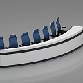 Curved Office Desk With White Surface Black Frame And Blue Chairs For Professional Workspace