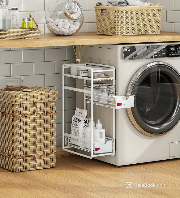 White Multi Layer Bathroom Storage Rack Next To Washing Machine 3d model 