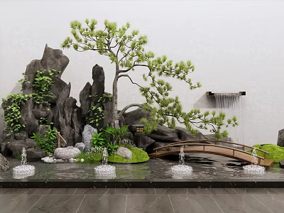 Chinese Garden Ornament with Rockery Pine Tree Waterfall Fountains and Stone Bridge 3d model