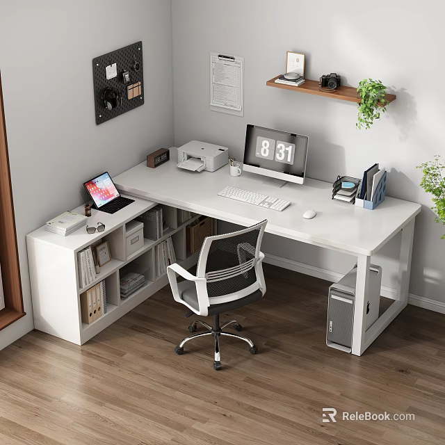 Modern White Corner Office Desk Setup with Laptop Printer Digital Clock and Storage Shelves 3d model 