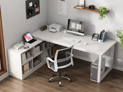 Modern White Corner Office Desk Setup with Laptop Printer Digital Clock and Storage Shelves 3d model