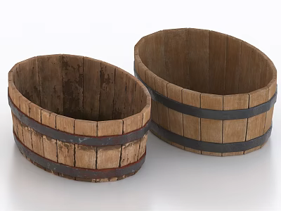 Oval Wooden Buckets With Black Hoops For Household Storage Items 3d model