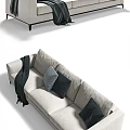 Modern Minimalist Light Gray Three-Seater Sofa With Accent Pillows Throw Blanket And Metal Legs