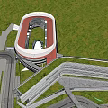Modern School Building Circular Architectural Design with Green Lawns and Connected Walkways