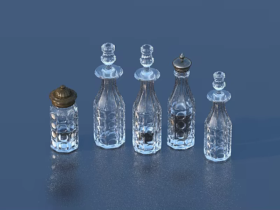 Elegant Transparent Glass Wine Bottles With Different Shapes And Metal Caps On Blue Background 3d model
