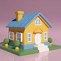 Cute Yellow House With Blue Roof Yellow Chimney Green Trees And White Door