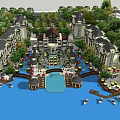 Scenic Waterfront Hotel Resort Architecture With Lush Greenery And Marina Boats