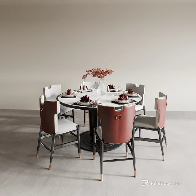 Luxury Round Dining Table Set With Red Gray Chairs And Decorative Tableware 3d model