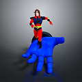 Animated Character In Red And Blue Costume Standing On Giant Blue Hand