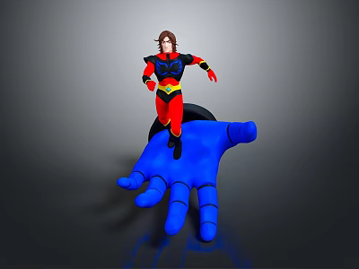 Animated Character In Red And Blue Costume Standing On Giant Blue Hand 3d model