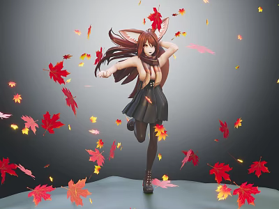 Fox Eared Female Character Leaping With Long Hair And Black Dress Amid Falling Maple Leaves 3d model